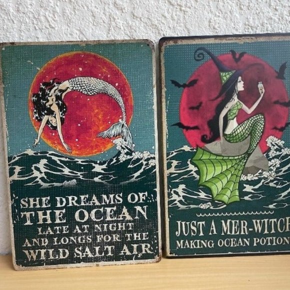 Set of 2 Retro Vintage Mermaid Ocean Metal Sign 12x8 inches Wall Hanging - Picture 2 of 7